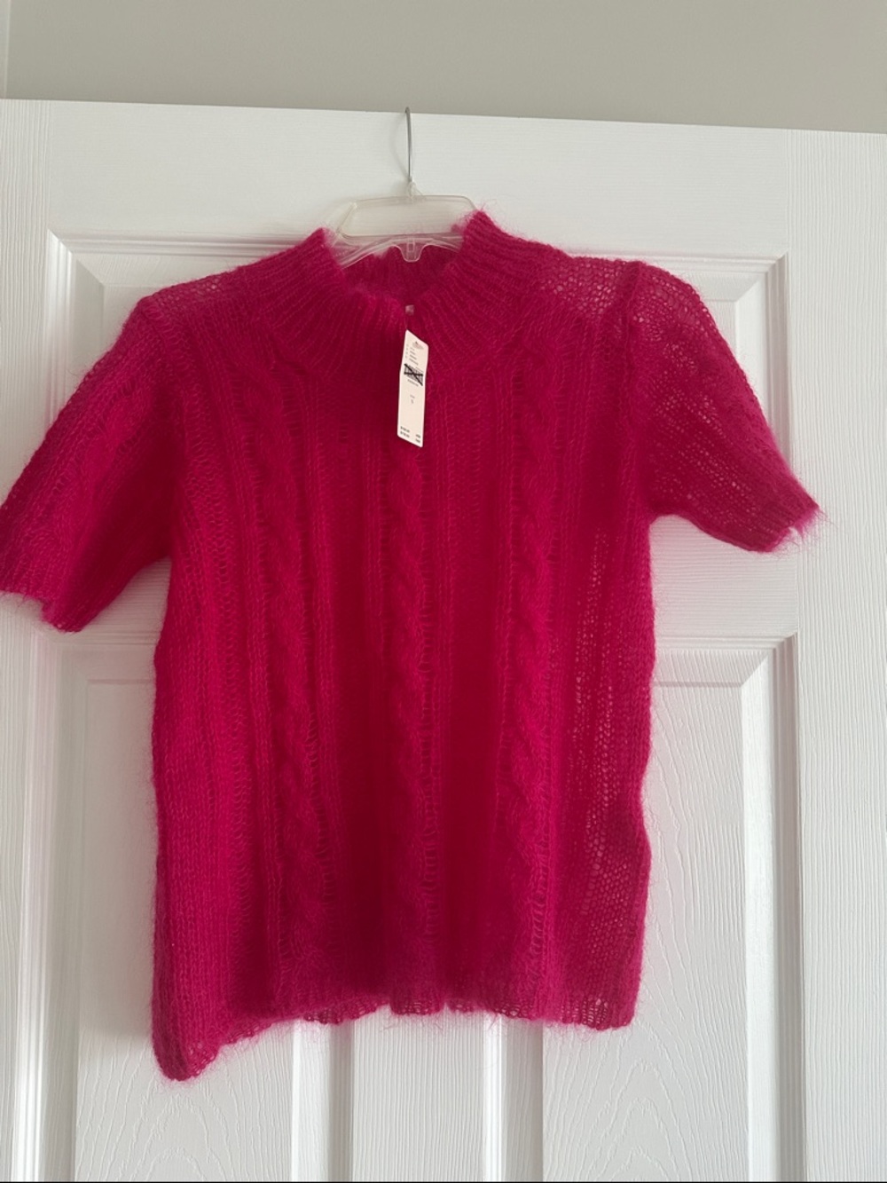 Anthropologie Fuchsia Cable-Knit Short-Sleeve Sweater